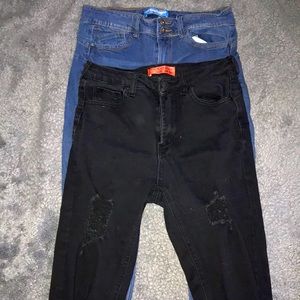 Pair of black and one pair of blue jeans.